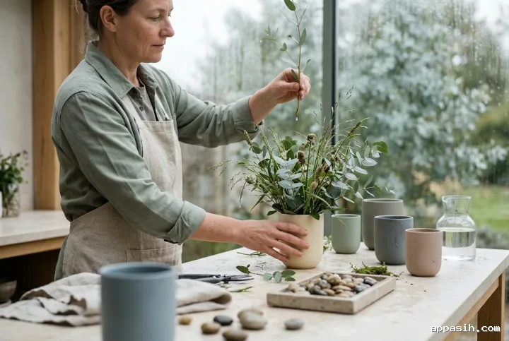 Close environmental portrait of an anonymous botanical artisan placing a rain-damp silver-green branch into a warm ivory vessel inside a softly lit rainy conservatory.
