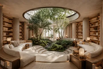 Desert-inspired wellness lounge with terraced seating, sculpted plaster walls, sandstone flooring, and soft filtered sunlight.
