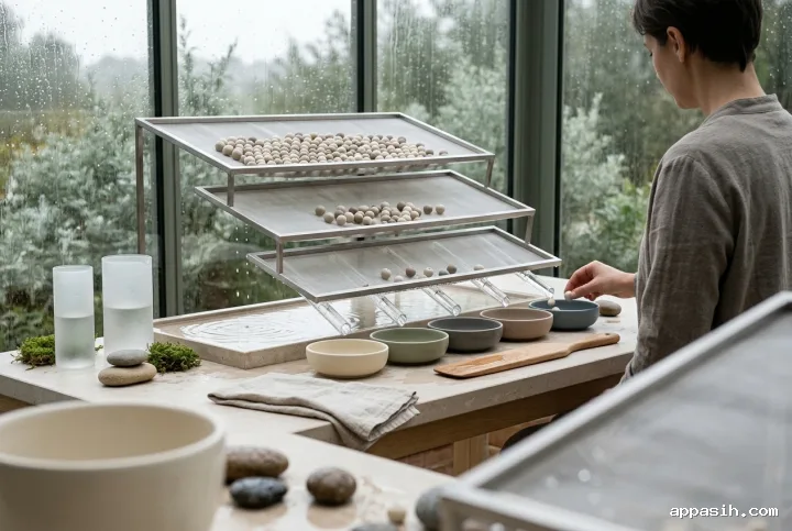 Closer low-angle view of a rain-soaked conservatory sorting installation where layered translucent mesh filters ceramic beads into muted vessels as an anonymous researcher lifts one selected bead.