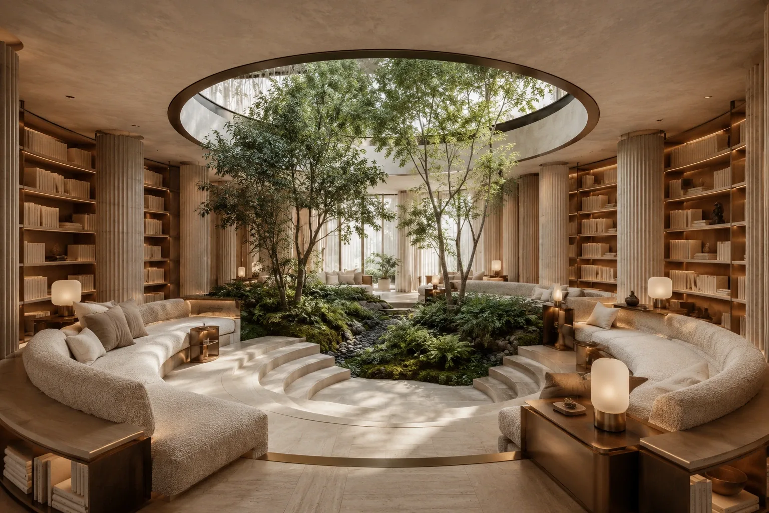 Desert-inspired wellness lounge with terraced seating, sculpted plaster walls, sandstone flooring, and soft filtered sunlight.
