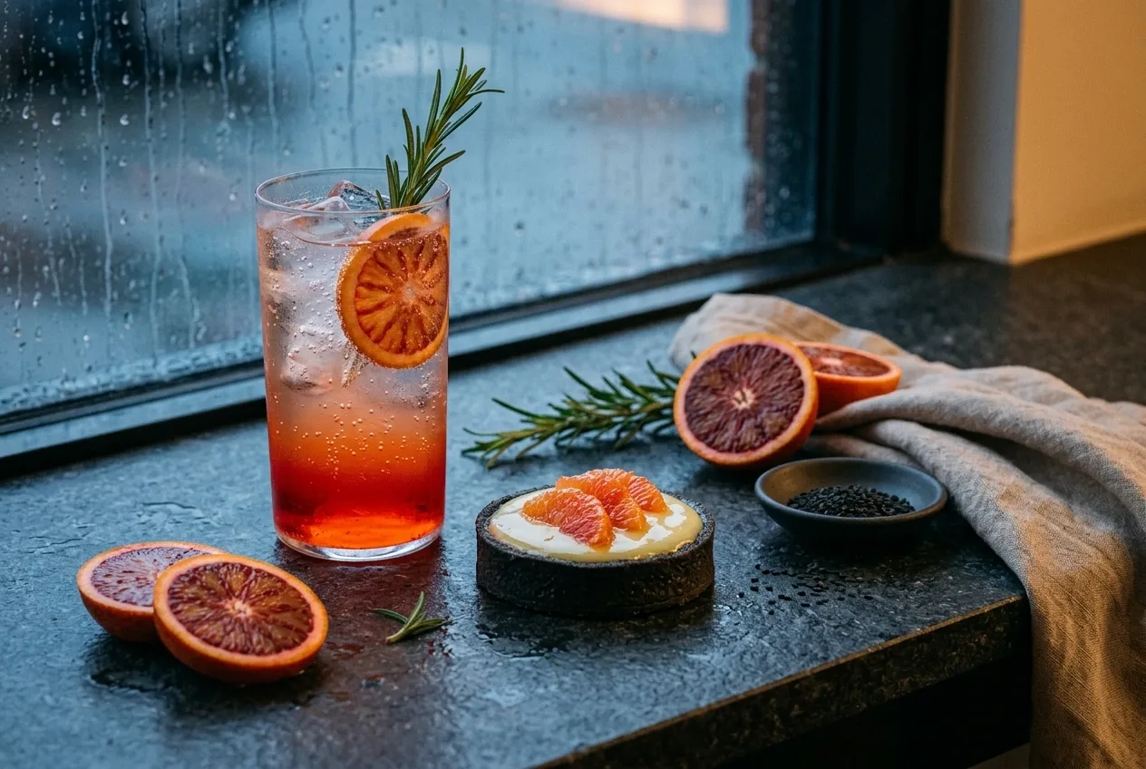 Blood orange rosemary spritz beside a black sesame citrus tart on a dark stone café counter during a rainy blue hour.