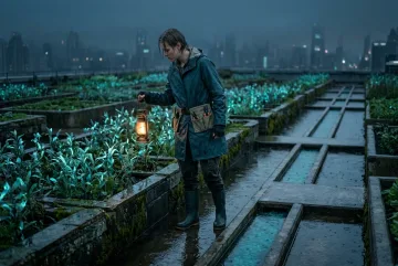 A young lantern keeper in a teal raincoat tending glowing plants in a rain-soaked rooftop garden above a misty city at blue hour.