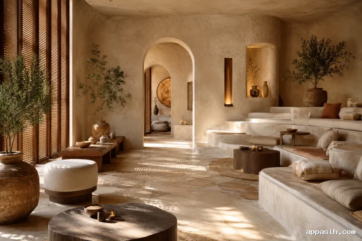 Luxury desert wellness retreat lounge with sculpted plaster terraces, a narrow reflecting water channel, travertine floors, and warm sunlight casting patterned shadows.