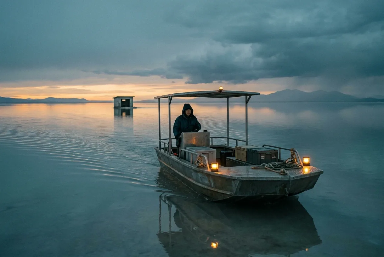 Lone ferry operator crossing reflective flooded salt flats at blue hour beneath dramatic storm clouds.