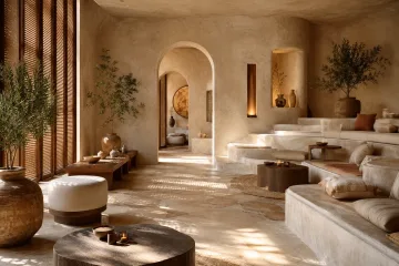 Luxury indoor tea atrium with a shallow reflective pool, stepping stones, sculptural seating, pale stone surfaces, and soft evening skylight.