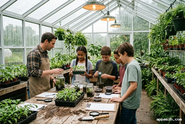 Wide three-quarter view of students and a teacher exploring seedlings, soil, and miniature ecosystems inside a rain-covered school greenhouse.
