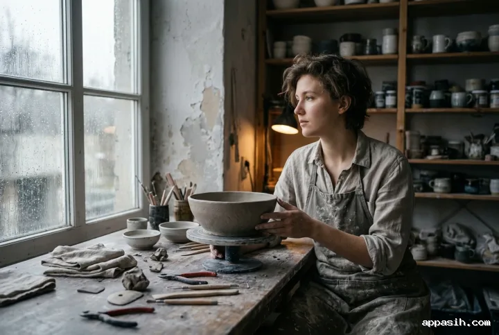 Wide environmental portrait of a ceramic artist working with a stoneware bowl beside a rain-streaked studio window and shelves of handmade pottery.