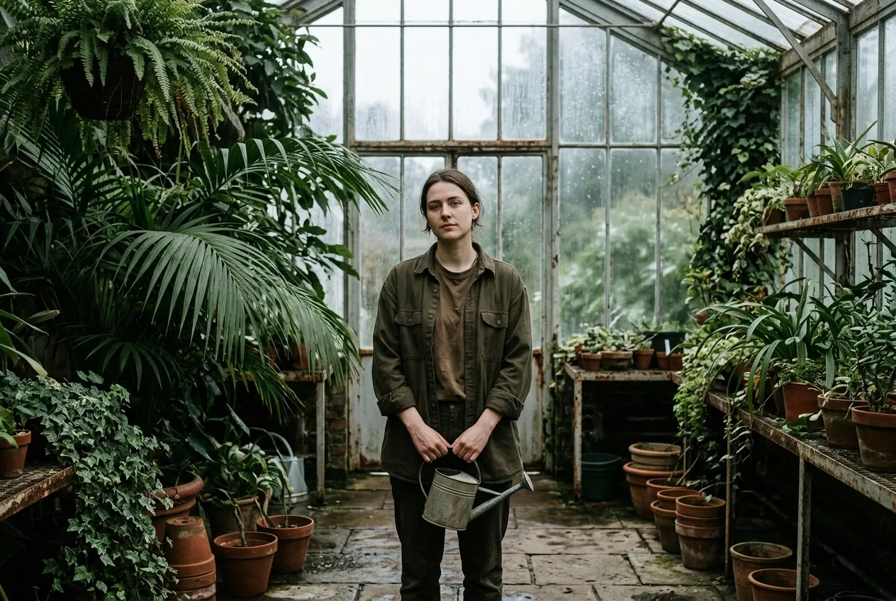 Young botanist holding a metal watering can inside a rain-soaked glass conservatory filled with lush green plants.