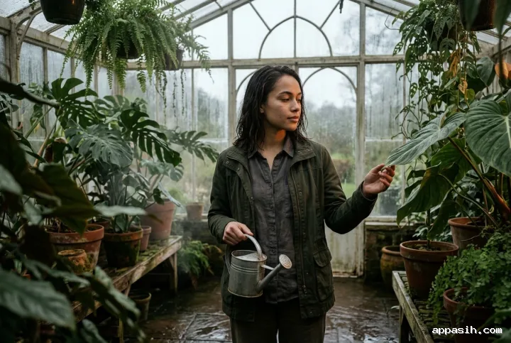 Contemplative young botanist touching a tropical leaf inside a misty rain-covered glass conservatory while holding a metal watering can.