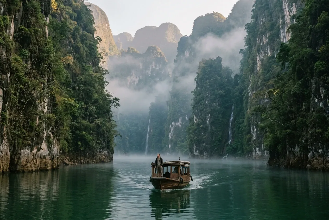 A wooden passenger ferry carrying a lone traveler moves through calm emerald water between misty tropical limestone cliffs at dawn.