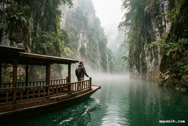 A closer low-angle view of the same wooden ferry and lone traveler journeying through a misty emerald karst passage at dawn.