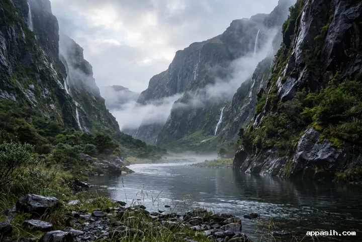 Wide rain-washed basalt valley viewed beside a reflective river, with multiple waterfalls, wet foreground stones, alpine vegetation, and layered morning mist.