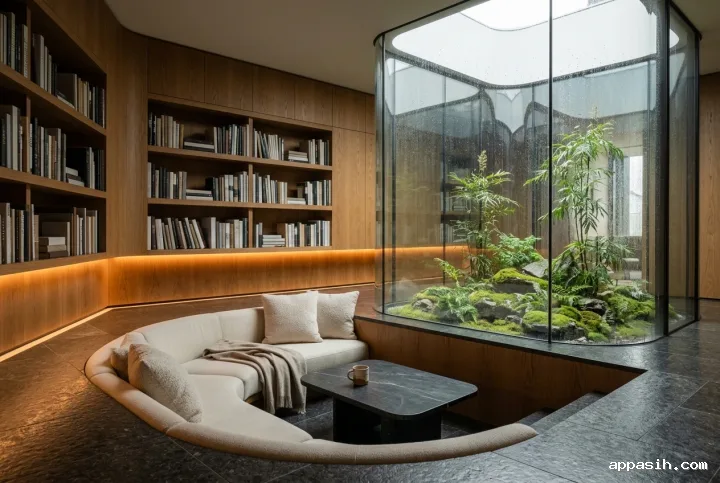 Closer three-quarter view of a luxurious rainlit reading lounge with curved cream seating, oak shelving, dark stone furnishings, and a lush glass-enclosed indoor courtyard.
