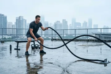 Athlete performing battle rope intervals on a wet rooftop training deck during a misty urban morning.