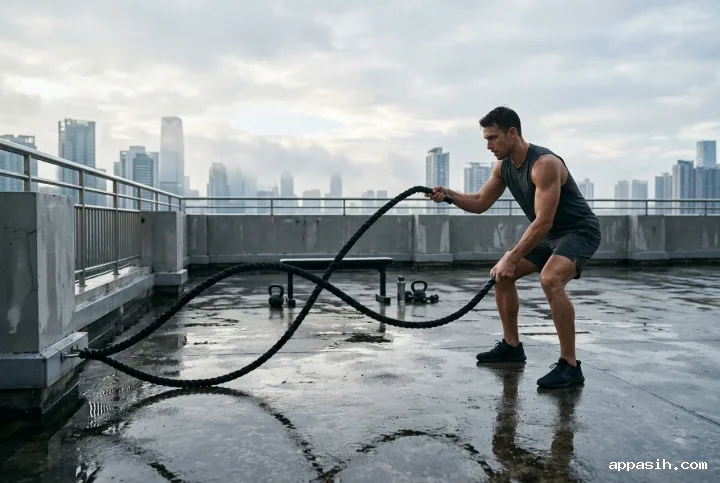Athlete driving battle rope waves across a rain-wet rooftop gym from a low three-quarter angle at misty dawn.