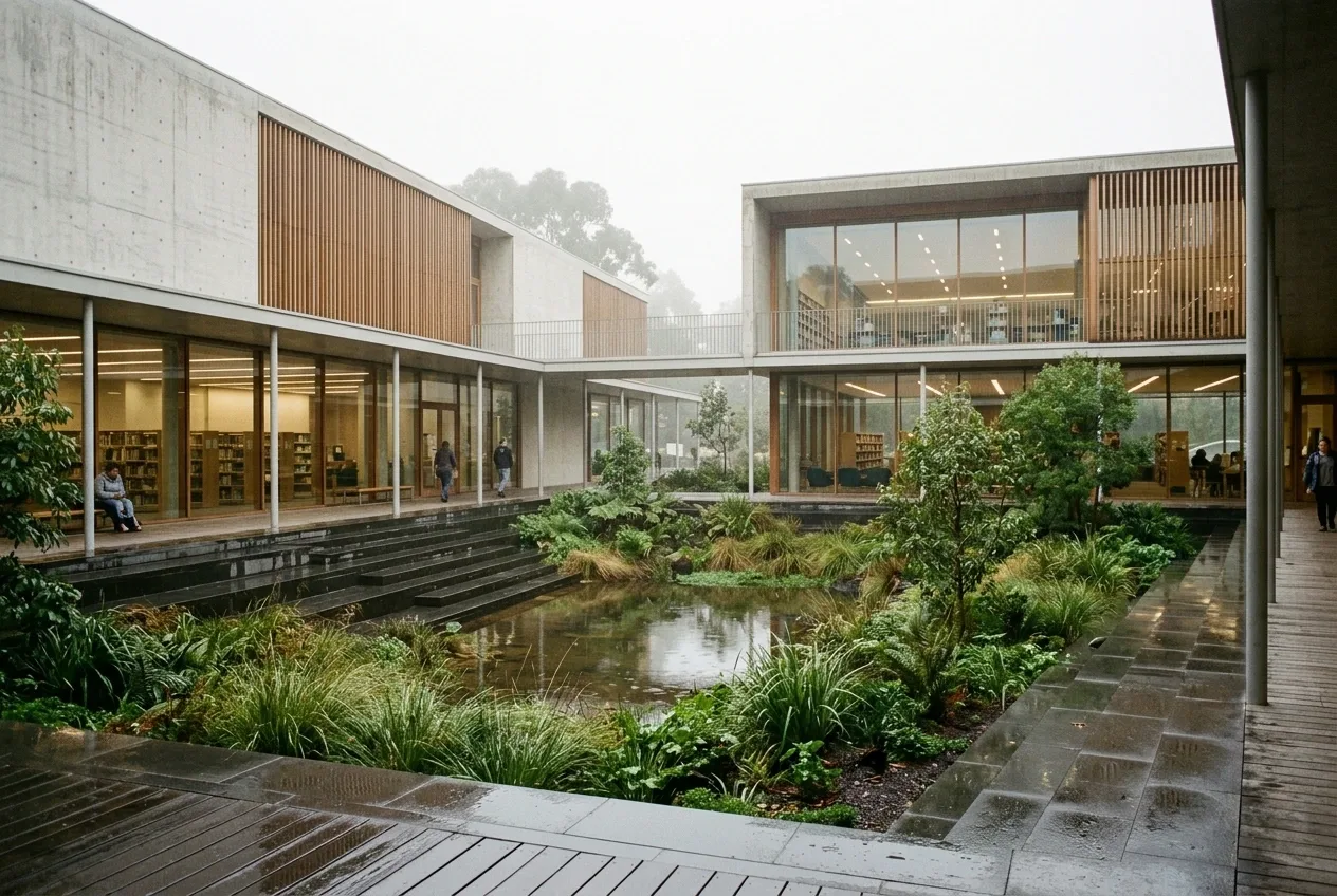 Contemporary timber and concrete public library surrounding a lush sunken rain garden courtyard after rainfall.