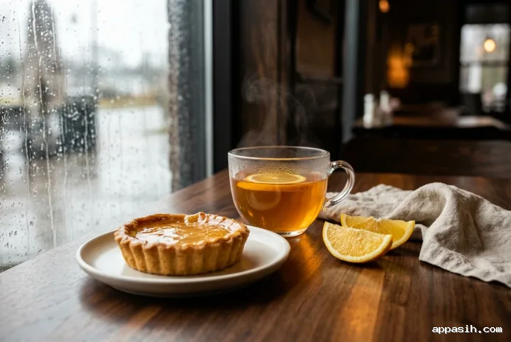 Closer three-quarter view of steaming citrus tea and honey tart beside a rainy cafe window with warm reflections.