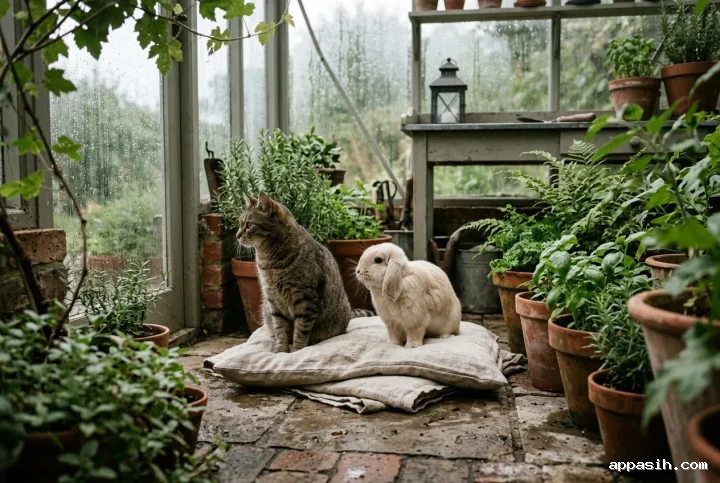 Tabby cat and cream lop-eared rabbit sharing a linen cushion in a rain-covered greenhouse with terracotta herb pots and soft overcast morning light.