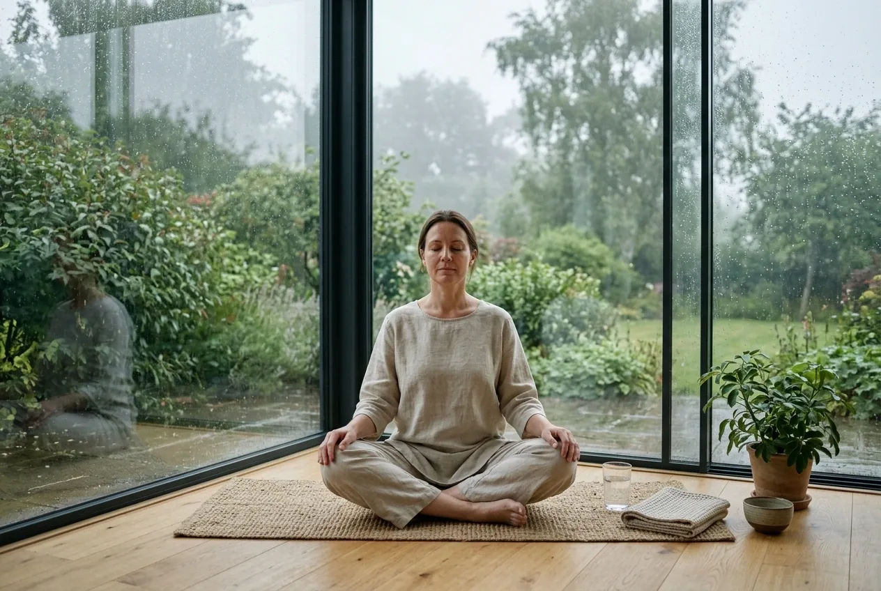 Woman practicing mindful breathing on a woven mat inside a glass garden room while gentle morning rain falls outside.