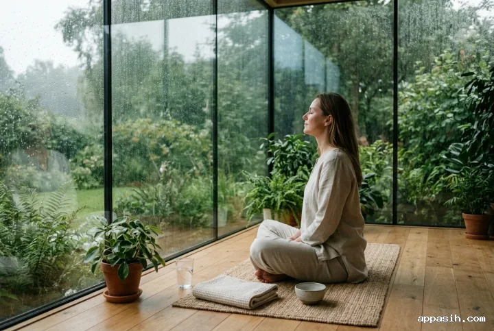 Wide three-quarter view of a woman finishing a mindful breath inside a rain-covered glass garden room with plants and wellness objects beside her.