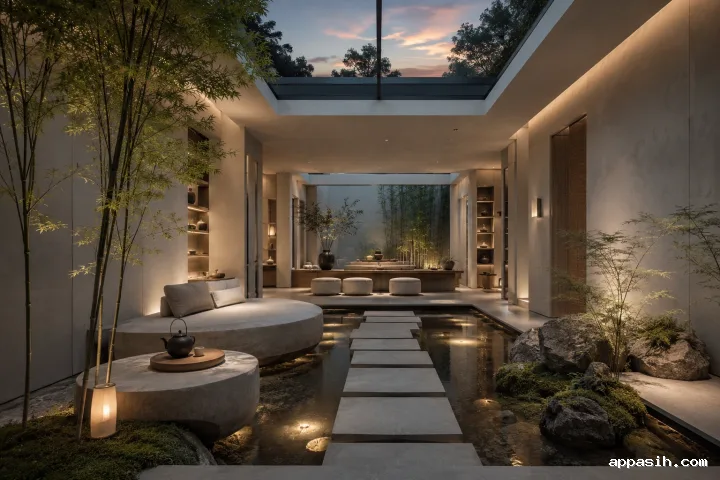 Premium glass conservatory dining salon suspended above misty mountains, featuring a monumental oak table, sculptural chairs, indoor olive trees, travertine details, and sunrise views.