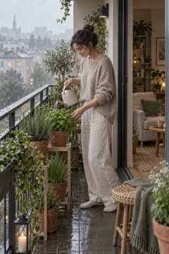 Young adult watering potted herbs beside an apartment balcony doorway on a peaceful rainy morning.