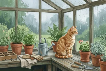Ginger cat sitting on a wooden greenhouse bench among terracotta pots and herbs while rain covers the glass, painted in textured gouache.