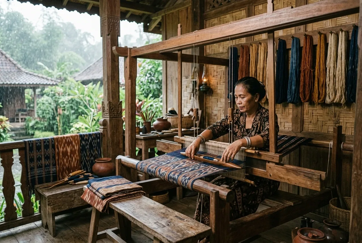 Ikat weaver working at a traditional wooden loom inside a rainlit timber heritage house with hand-dyed yarn and folded woven textiles.