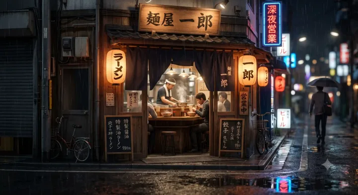 Premium cinematic image of a cozy Japanese ramen shop on a rainy night with glowing lanterns and street reflections