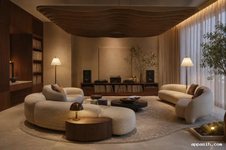 Premium private listening salon with a suspended timber acoustic canopy, crescent bouclé sofas, walnut record cabinetry, travertine columns, and warm cinematic lighting.