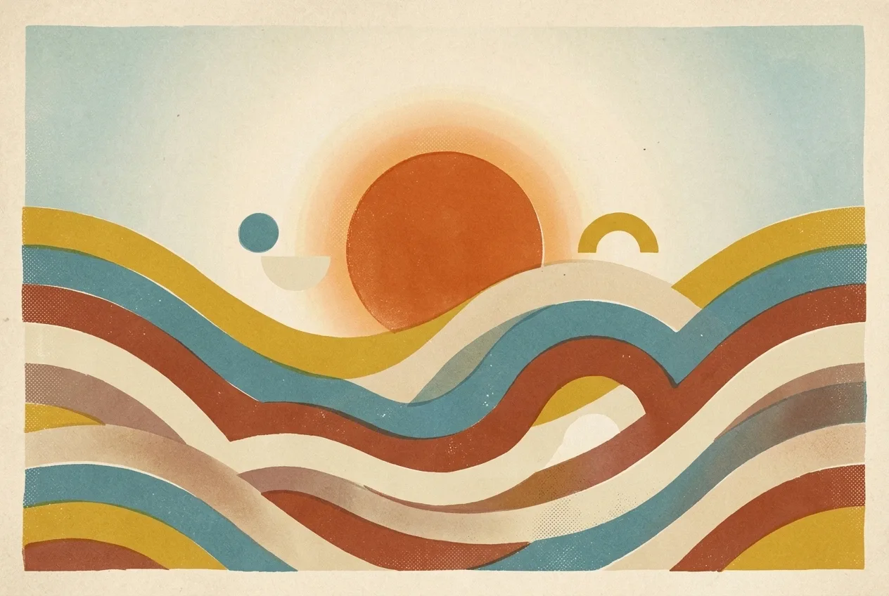 Abstract burnt-orange geometric sun above layered mustard, teal, rust, and cream terraced waves in a Retro Vintage Poster style.