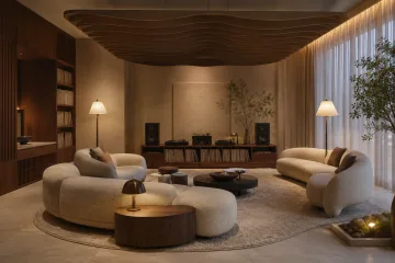 Luxury indoor winter garden lounge with rain-covered glass walls, curved seating, lush greenery, pale stone flooring, and warm ambient lighting.