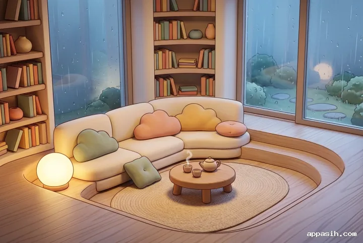 Closer kawaii view of a sunken reading lounge with a curved cream sofa, steaming tea, curved bookshelves, warm lighting, and a misty rain-covered garden window.
