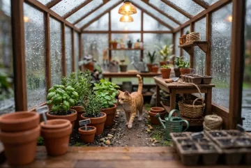Orange tabby cat exploring a rainy miniature greenhouse with terracotta herb pots, tiny gardening tools, warm lamps, and detailed 3D tilt-shift scenery.