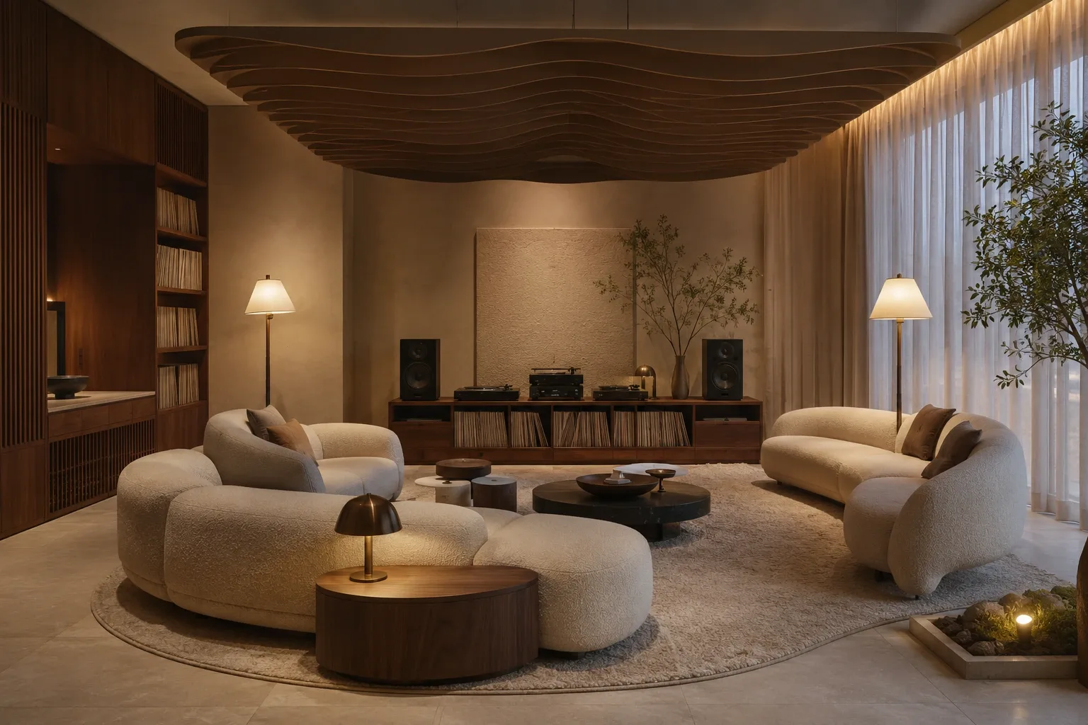Luxury indoor winter garden lounge with rain-covered glass walls, curved seating, lush greenery, pale stone flooring, and warm ambient lighting.