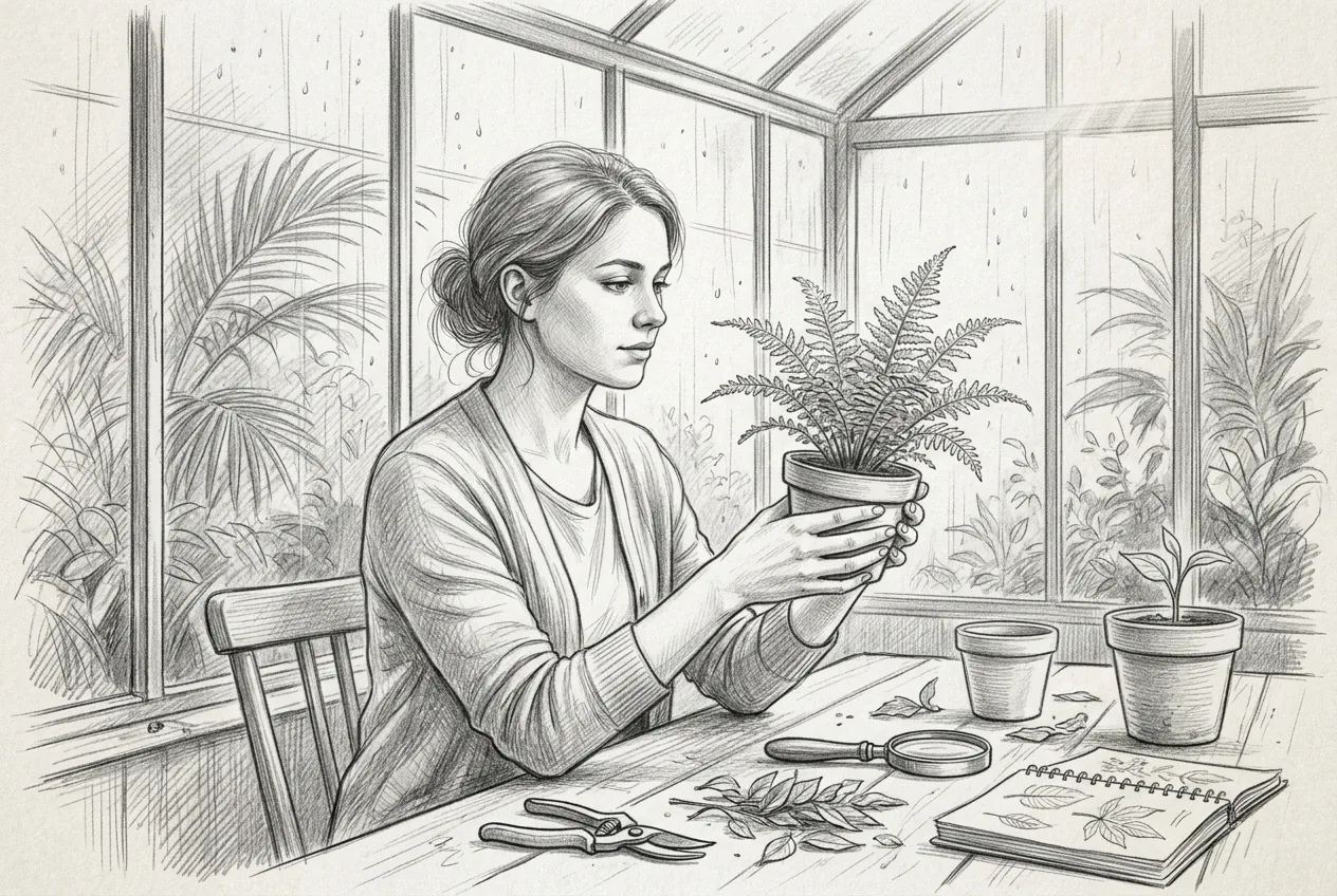 Pencil sketch portrait of a young botanist holding a small fern beside a rain-covered conservatory window.