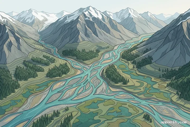 Detailed graphic technical illustration of the same alpine watershed valley, emphasizing braided river junctions, wetlands, layered terrain, snow-fed ridges, and precise topographic structure.