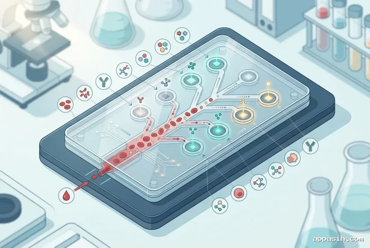 Detailed microfluidic blood analysis lab-on-a-chip infographic illustration showing red blood cells, plasma particles, biomarker molecules, diagnostic channels, and illuminated sensor chambers.