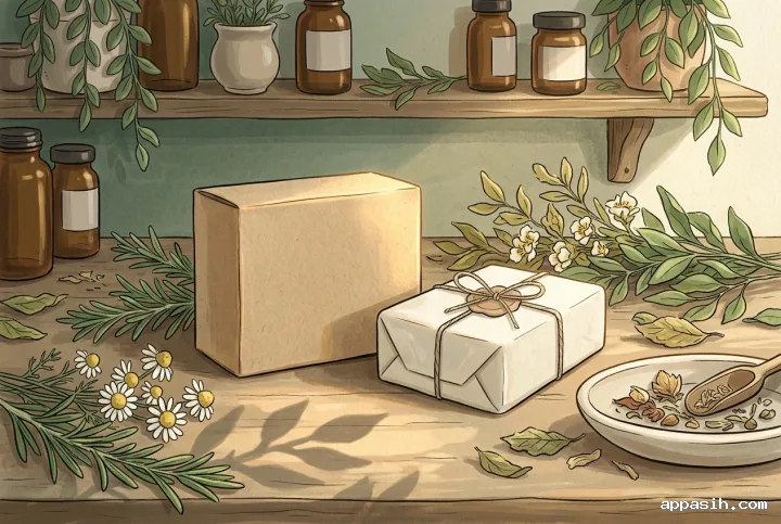 Blank kraft botanical soap box and wrapped soap bar with rosemary and chamomile on a warm apothecary counter in detailed 2D storybook illustration.