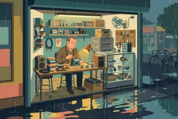 Flat 2D illustration of a 1980s cassette repair kiosk where a technician repairs a portable tape player beside stacked cassettes and tools during rainy dusk.