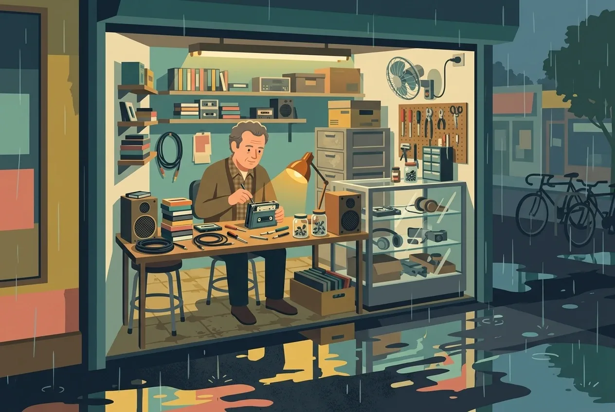 Flat 2D illustration of a 1980s cassette repair kiosk where a technician repairs a portable tape player beside stacked cassettes and tools during rainy dusk.