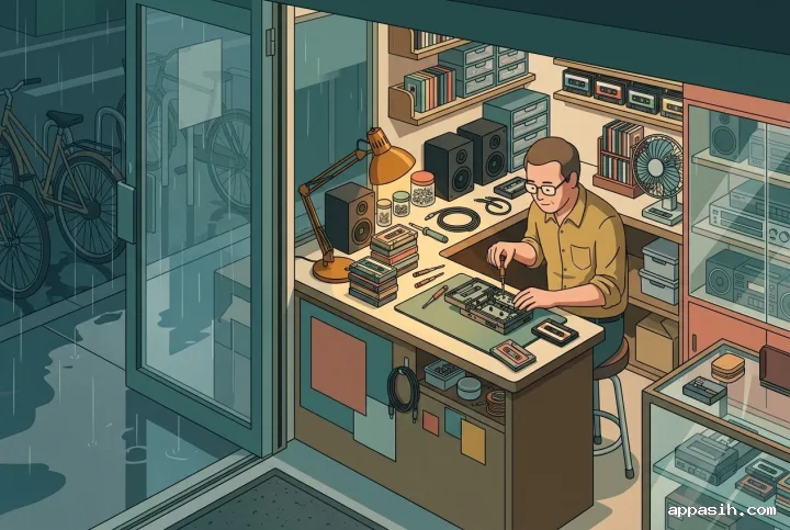 Closer flat 2D illustration of a technician repairing a portable cassette player inside a warm 1980s cassette repair kiosk while rain reflects on the street outside.