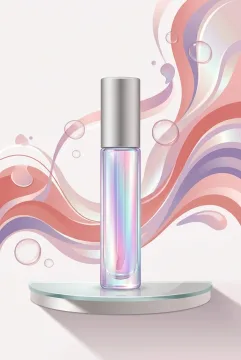 Iridescent glass lip serum bottle surrounded by pink, coral, lavender, and pearl abstract graphic waves with translucent cosmetic droplets.