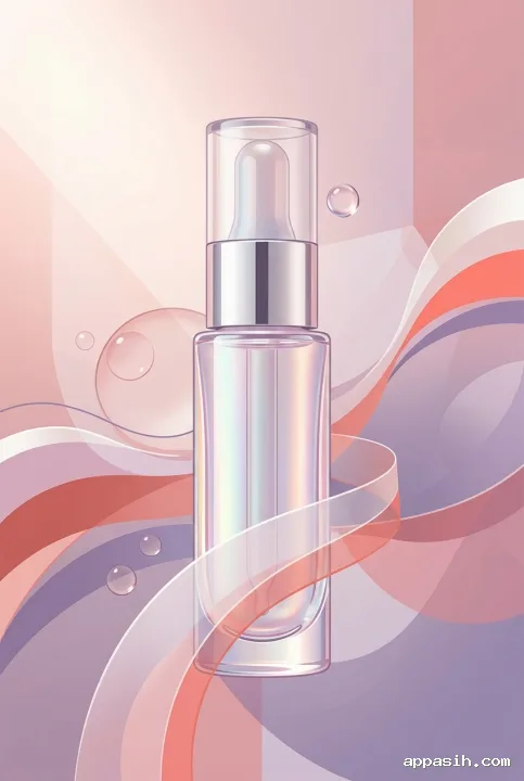 Closer three-quarter view of an iridescent lip serum bottle among layered pink, coral, lavender, and pearl abstract graphic waves with translucent droplets.
