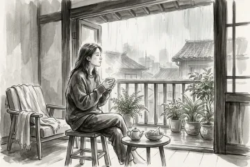 Young adult holding warm tea beside a plant-filled apartment balcony during a rainy morning in black and gray Ink Wash Drawing.