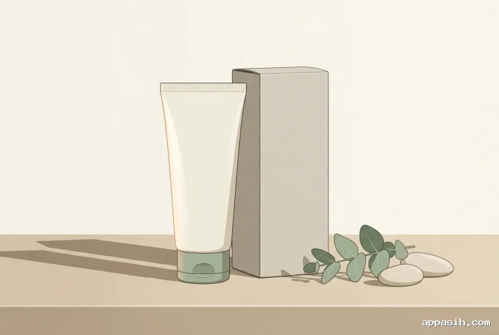 Closer three-quarter 2D illustration of an ivory hand cream tube and blank carton with eucalyptus on a warm beige stone counter.