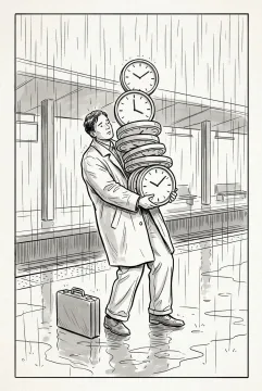 Line art drawing of an office worker balancing a tall stack of analog clocks on a rainy transit platform beside a briefcase.