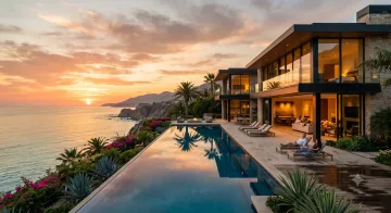 Luxury modern villa with infinity pool overlooking the ocean at sunset