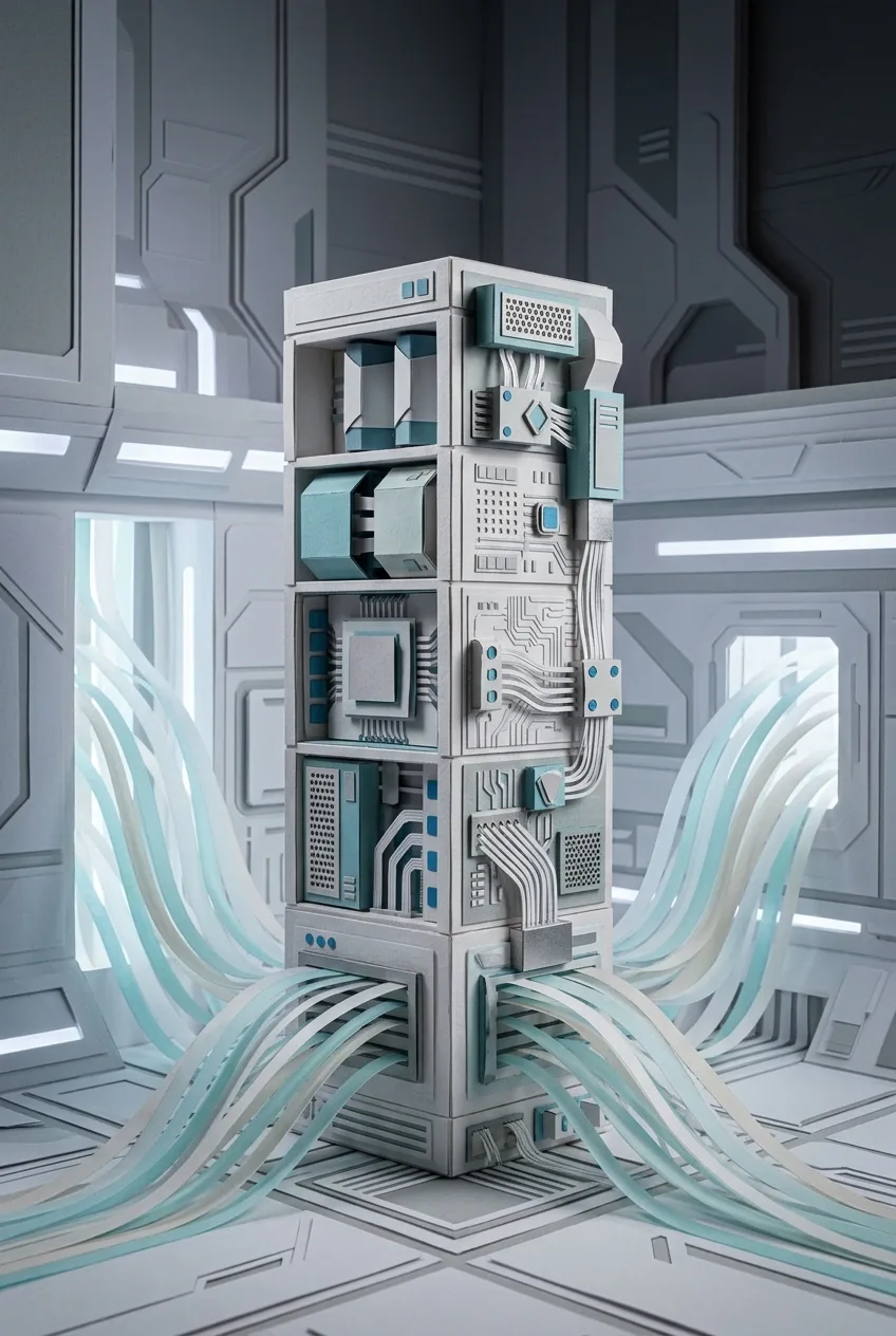 Layered papercraft edge computing hub with stacked processor modules and flowing paper data streams inside a futuristic technology chamber.