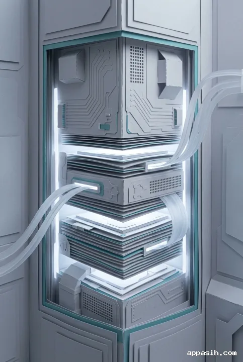 Close three-quarter view of a layered papercraft edge computing hub with modular processors, cooling ducts, and translucent paper data streams in the same futuristic chamber.